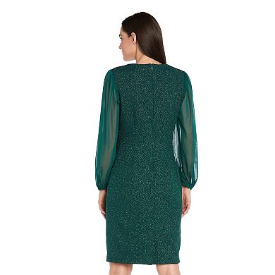 Women's R&M Richards Glitter Knit Long Chiffon Sleeved Dress