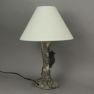 Rustic Black Bear Cubs Climbing Tree For Honey Table Lamp Beige Fabric Shade