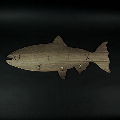 Distressed Wooden Fish Shaped 3 Hook Hanging Wall Rack 27.5 Inches Long