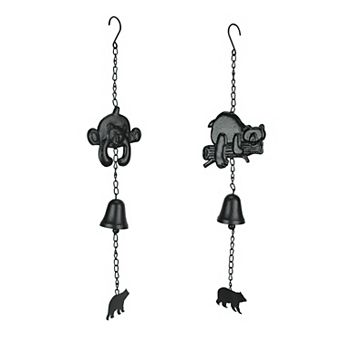 Set of 2 Black Cast Iron Bear Wind Chime Hanging Bells Outdoor Home Cabin Decor