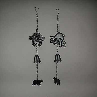 Set of 2 Black Cast Iron Bear Wind Chime Hanging Bells Outdoor Home Cabin Decor