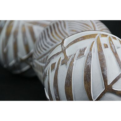Whitewashed Tropical Leaf Wood Look Decor Balls Set of 4