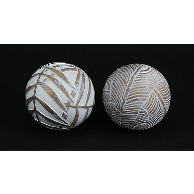 Whitewashed Tropical Leaf Wood Look Decor Balls Set of 4