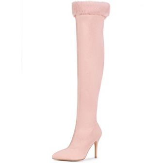 Faux Fur High Heels Boot Pointed Toe Fluffy Over the Knee High Boots for Women