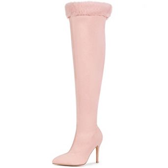 Faux Fur High Heels Boot Pointed Toe Fluffy Over the Knee High Boots for Women