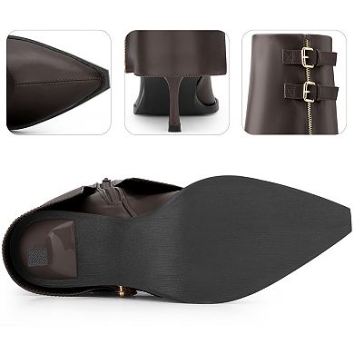 Pointed Toe Mid Calf Boots Fold Over Buckle Stiletto Heel Boots for Women