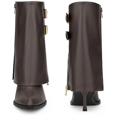 Pointed Toe Mid Calf Boots Fold Over Buckle Stiletto Heel Boots for Women