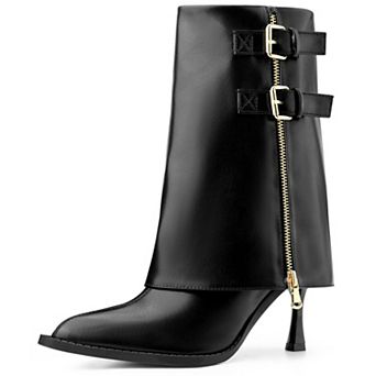 Pointed Toe Mid Calf Boots Fold Over Buckle Stiletto Heel Boots for Women