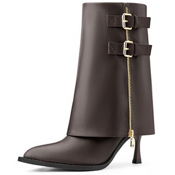 Pointed Toe Mid Calf Boots Fold Over Buckle Stiletto Heel Boots for Women