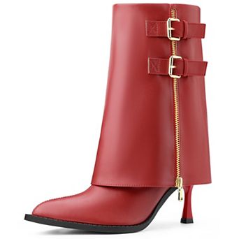 Pointed Toe Mid Calf Boots Fold Over Buckle Stiletto Heel Boots for Women