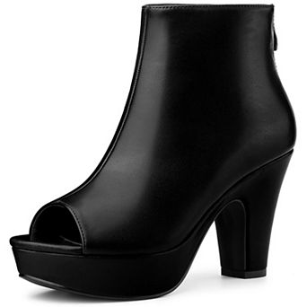 Women's Peep Toe Platform Back Zip Chunky Heel Ankle Boots