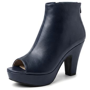 Women's Peep Toe Platform Back Zip Chunky Heel Ankle Boots