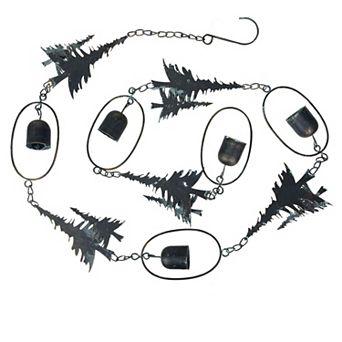 70" Metal Rain Chain - Forest Trees & Zen Bells, Aged Verdigris, 3.25" Diameter