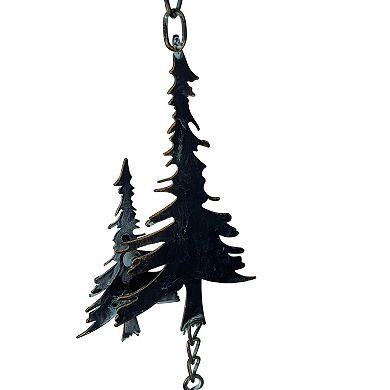 70" Metal Rain Chain - Forest Trees & Zen Bells, Aged Verdigris, 3.25" Diameter