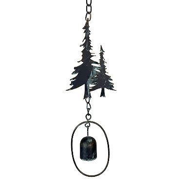 70" Metal Rain Chain - Forest Trees & Zen Bells, Aged Verdigris, 3.25" Diameter