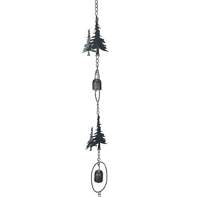 70" Metal Rain Chain - Forest Trees & Zen Bells, Aged Verdigris, 3.25" Diameter