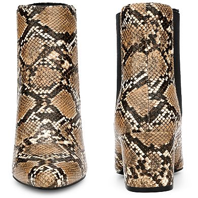 Snake Print Boots Pointed Toe Chunky Heels Ankle Boots for Women