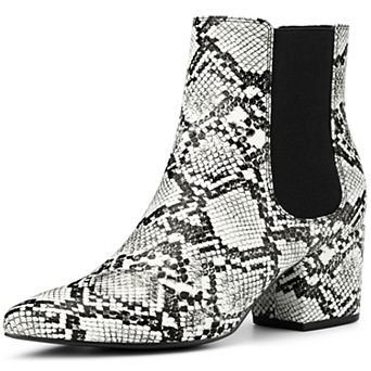 Snake Print Boots Pointed Toe Chunky Heels Ankle Boots for Women