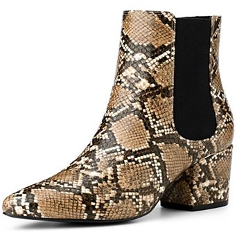 Snake Print Boots Pointed Toe Chunky Heels Ankle Boots for Women