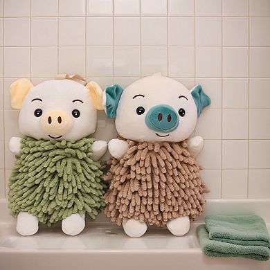 2Pcs Cute Cartoon Piggy Chenille Plush Ball Hand Towels, Soft Absorbent Hanging Hand Towels 7"x11"
