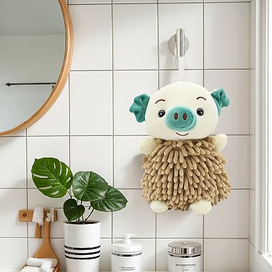 2Pcs Cute Cartoon Piggy Chenille Plush Ball Hand Towels, Soft Absorbent Hanging Hand Towels 7"x11"