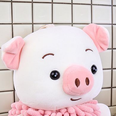 2Pcs Cute Cartoon Piggy Chenille Plush Ball Hand Towels, Soft Absorbent Hanging Hand Towels 7"x11"