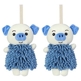 2 pc Cute Cartoon Piggy Chenille Plush Ball Hand Towels, Soft Absorbent Hanging Hand Towels 7"x11"