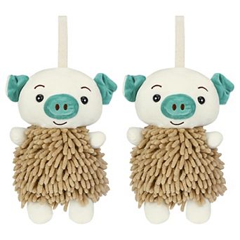 2 pc Cute Cartoon Piggy Chenille Plush Ball Hand Towels, Soft Absorbent Hanging Hand Towels 7"x11"