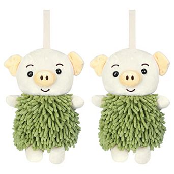 2 pc Cute Cartoon Piggy Chenille Plush Ball Hand Towels, Soft Absorbent Hanging Hand Towels 7"x11"