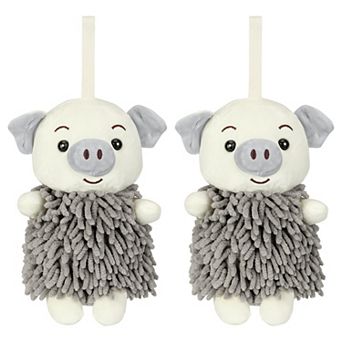 2 pc Cute Cartoon Piggy Chenille Plush Ball Hand Towels, Soft Absorbent Hanging Hand Towels 7"x11"