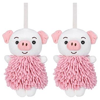 2 pc Cute Cartoon Piggy Chenille Plush Ball Hand Towels, Soft Absorbent Hanging Hand Towels 7"x11"
