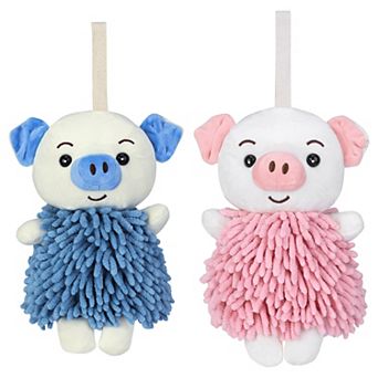 2 pc Cute Cartoon Piggy Chenille Plush Ball Hand Towels, Soft Absorbent Hanging Hand Towels 7"x11"
