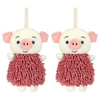 2 pc Cute Cartoon Piggy Chenille Plush Ball Hand Towels, Soft Absorbent Hanging Hand Towels 7"x11"