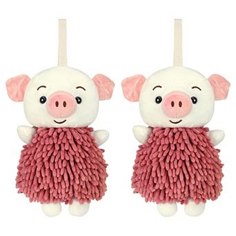 2 pc Cute Cartoon Piggy Chenille Plush Ball Hand Towels, Soft Absorbent Hanging Hand Towels 7"x11"