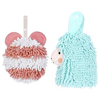2 pc Fuzzy Ball Bathroom Hand Towels, Soft Absorbent Decorative Hanging Towel Set 7"x11"&7"x7"
