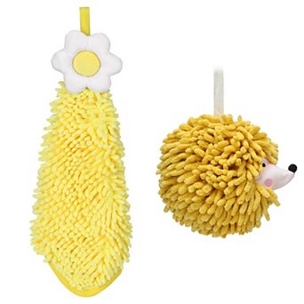 2 pc Chenille Hand Towel, Cute Decorative Hand Drying Hanging Bathroom Towel with Loops 7"x7"&6"x15"