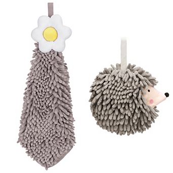 2 pc Chenille Hand Towel, Cute Decorative Hand Drying Hanging Bathroom Towel with Loops 7"x7"&6"x15"