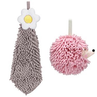 2 pc Chenille Hand Towel, Cute Decorative Hand Drying Hanging Bathroom Towel with Loops 7"x7"&6"x15"