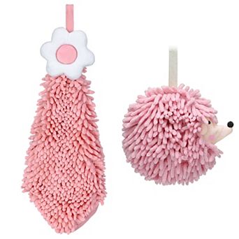 2 pc Chenille Hand Towel, Cute Decorative Hand Drying Hanging Bathroom Towel with Loops 7"x7"&6"x15"
