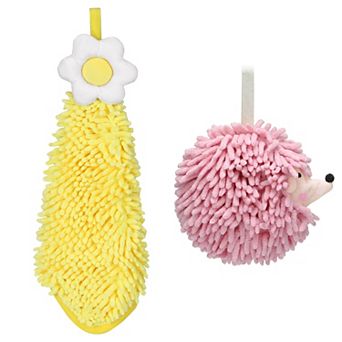 2 pc Chenille Hand Towel, Cute Decorative Hand Drying Hanging Bathroom Towel with Loops 7"x7"&6"x15"