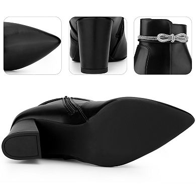 Rhinestone Bow Pointed Toe Chunky Heel Ankle Boots for Women