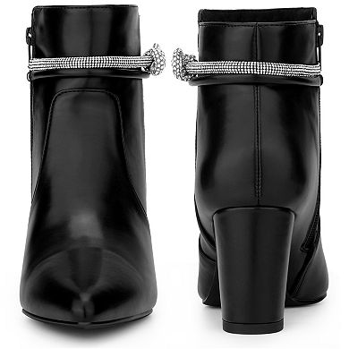 Rhinestone Bow Pointed Toe Chunky Heel Ankle Boots for Women