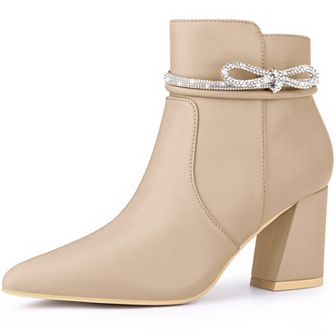 Rhinestone Bow Pointed Toe Chunky Heel Ankle Boots for Women