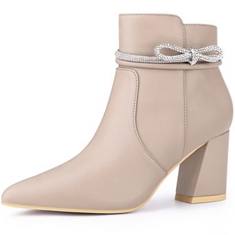Rhinestone Bow Pointed Toe Chunky Heel Ankle Boots for Women