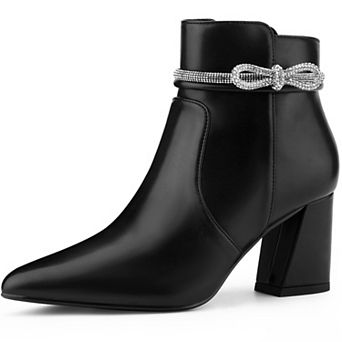 Rhinestone Bow Pointed Toe Chunky Heel Ankle Boots for Women