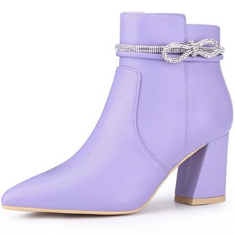 Rhinestone Bow Pointed Toe Chunky Heel Ankle Boots for Women