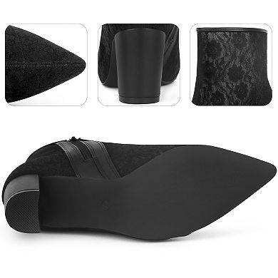 Pointed Toe Block Heels Floral Lace Ankle Boots for Women