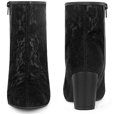 Pointed Toe Block Heels Floral Lace Ankle Boots for Women