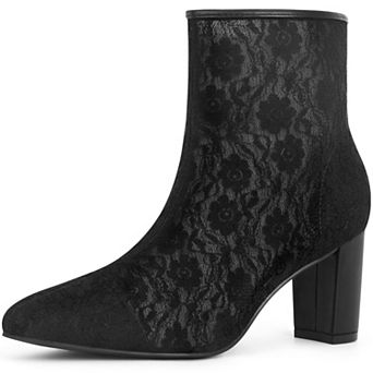 Pointed Toe Block Heels Floral Lace Ankle Boots for Women