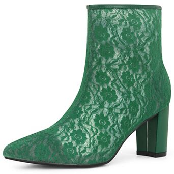 Pointed Toe Block Heels Floral Lace Ankle Boots for Women